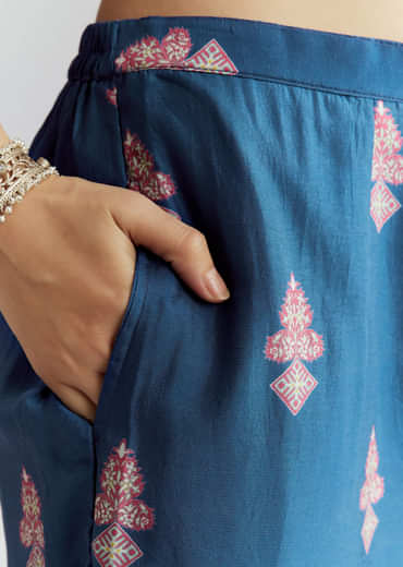 Blue Crepe Printed Co Ord Set With Sequins And Beads Work
