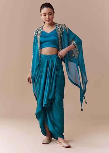 Blue Crop Top Skirt Set with Sequin Cape