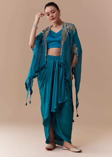 Blue Crop Top Skirt Set with Sequin Cape