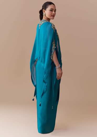 Blue Crop Top Skirt Set with Sequin Cape