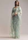 Blue Crush Tissue Saree With Heavy Floral Embroidery