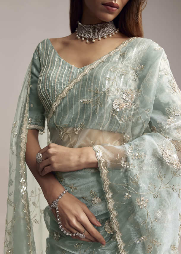 Blue Crush Tissue Saree With Heavy Floral Embroidery