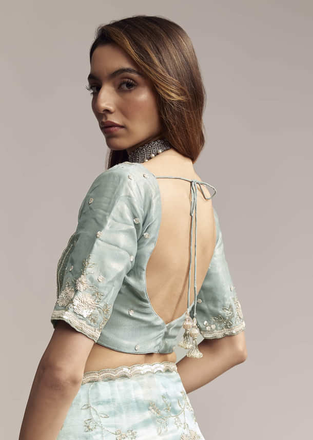 Blue Crush Tissue Saree With Heavy Floral Embroidery