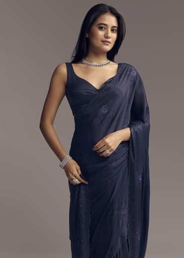 Blue Embellished Chinon Saree With Floral Threadwork