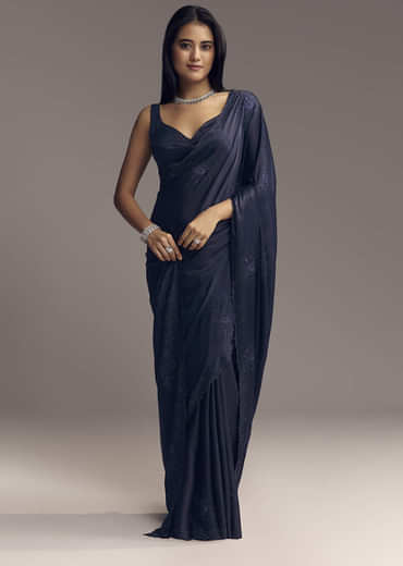 Blue Embellished Chinon Saree With Floral Threadwork