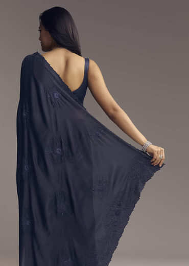 Blue Embellished Chinon Saree With Floral Threadwork