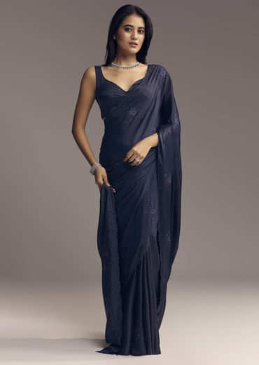Blue Embellished Chinon Saree With Floral Threadwork