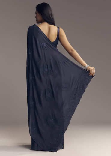 Blue Embellished Chinon Saree With Floral Threadwork