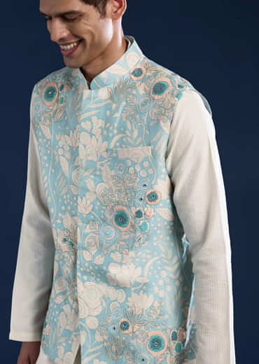 Blue Floral Print Silk Jacket Kurta Set