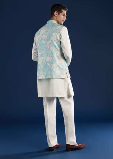 Blue Floral Print Silk Jacket Kurta Set