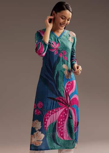 Blue Green Floral Print Beads Embellished Crepe Kurta