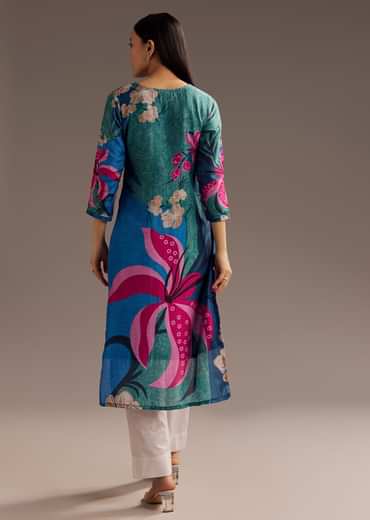 Blue Green Floral Print Beads Embellished Crepe Kurta