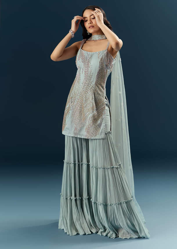 Blue Imported Net Sharara Suit With Cutdana Embroidery Blue Imported Net Sharara Suit With Cutdana Embroidery