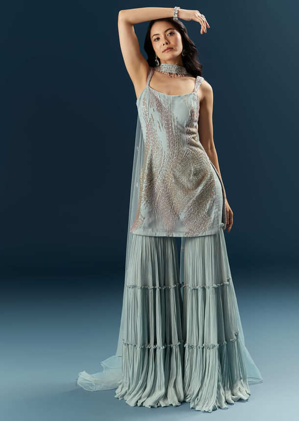 Blue Imported Net Sharara Suit With Cutdana Embroidery Blue Imported Net Sharara Suit With Cutdana Embroidery