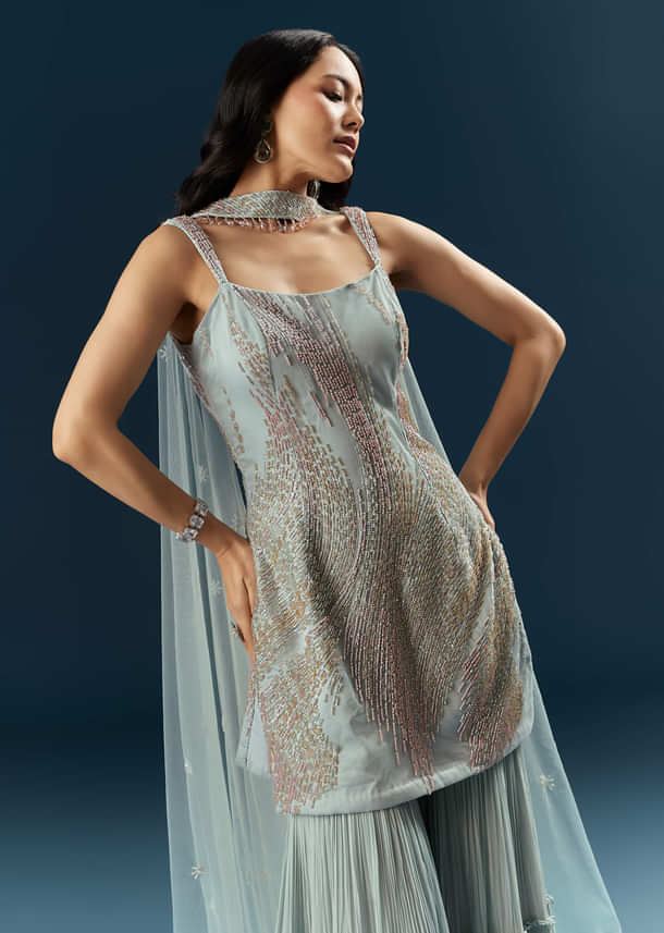 Blue Imported Net Sharara Suit With Cutdana Embroidery Blue Imported Net Sharara Suit With Cutdana Embroidery