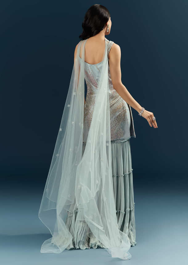 Blue Imported Net Sharara Suit With Cutdana Embroidery Blue Imported Net Sharara Suit With Cutdana Embroidery