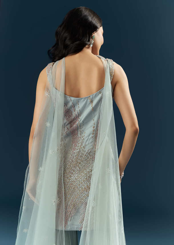 Blue Imported Net Sharara Suit With Cutdana Embroidery Blue Imported Net Sharara Suit With Cutdana Embroidery