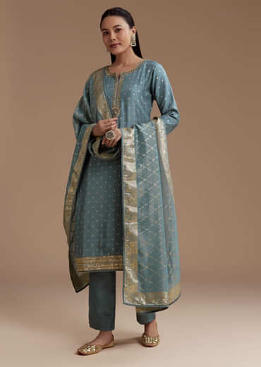 Blue Jacquard Weave Silk Kurta Set with Zardosi