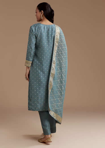 Blue Jacquard Weave Silk Kurta Set with Zardosi