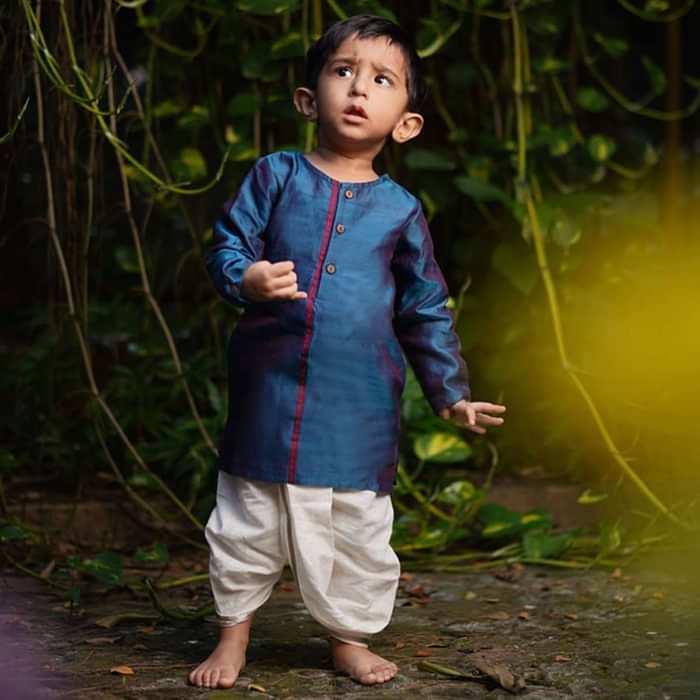 Kalki Boys Blue Kurta In Hand Woven Cotton Silk With Contrast Selvedge By Love The World Today