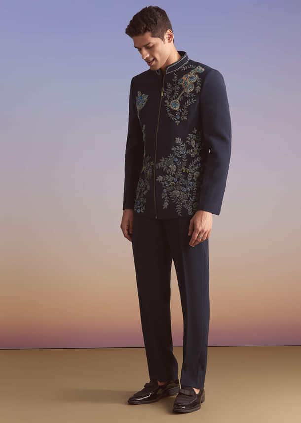 Blue Kurta Jacket Set For Men With Sequins And Moti Work Blue Kurta Jacket Set For Men With Sequins And Moti Work