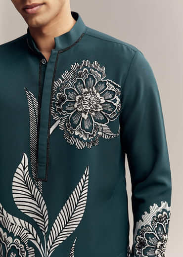 Blue Kurta Set For Men With Floral Print And Beads Work On Suiting Fabric
