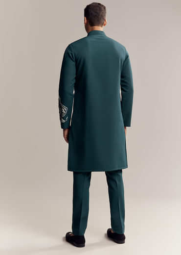 Blue Kurta Set For Men With Floral Print And Beads Work On Suiting Fabric