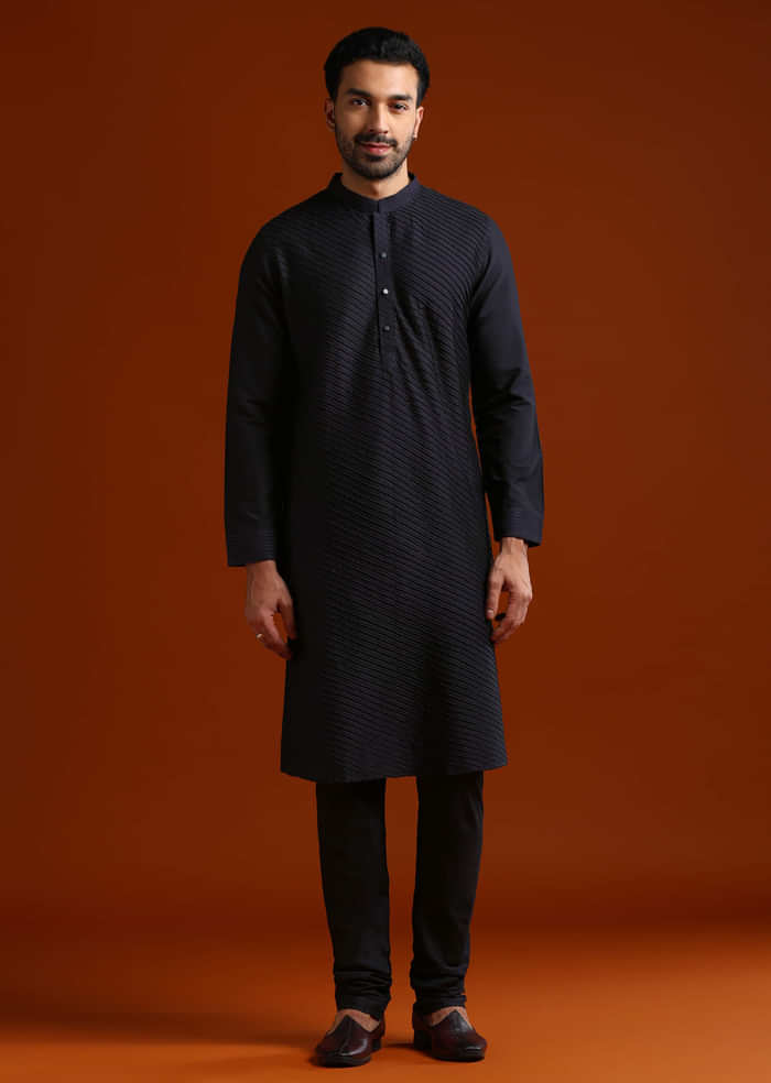 Blue Kurta Set For Men With Pintucks