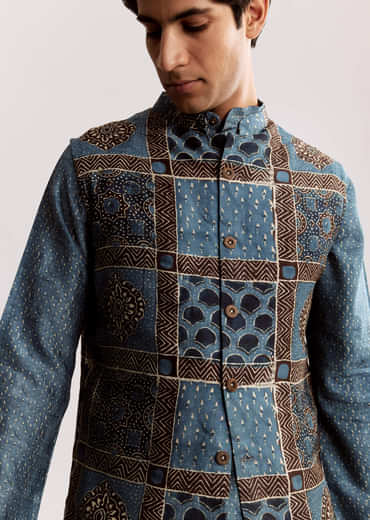Blue Linen Kurta Jacket Set With Ajrakh Print