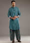 Blue Linen Kurta Set For Men With Hand Block Ajrakh Print