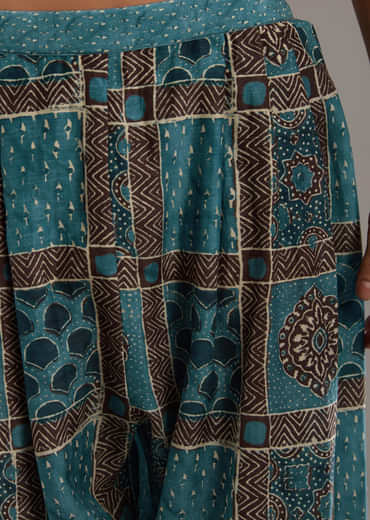 Blue Linen Kurta Set For Men With Hand Block Ajrakh Print