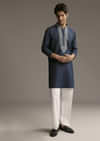 Blue Linen Kurta Set For Men With Thread And Resham Embroidery