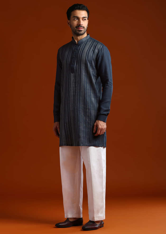 Blue Linen Kurta Set For Men With Thread Work