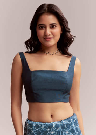 Blue Linen Printed Saree With Hand Dyed Shibori Print