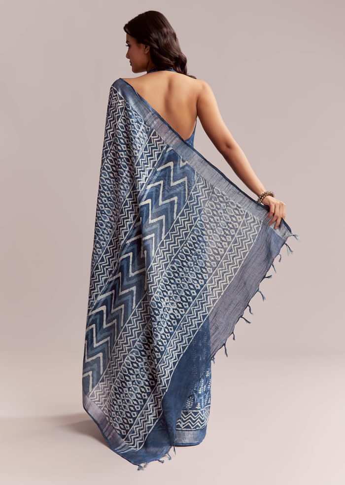 Blue Linen Printed Saree With Heritage Ajrakh Leaf Print