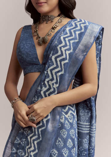 Blue Linen Printed Saree With Traditional Ajrakh Leaf Print