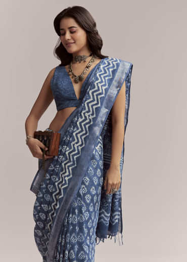 Blue Linen Printed Saree With Traditional Ajrakh Leaf Print