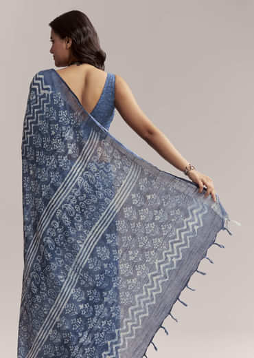 Blue Linen Printed Saree With Traditional Ajrakh Leaf Print