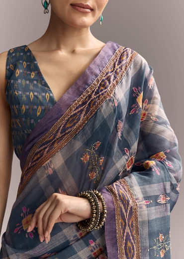 Blue Linen Saree With Hand Block Ajrakh Print And Lavender Border