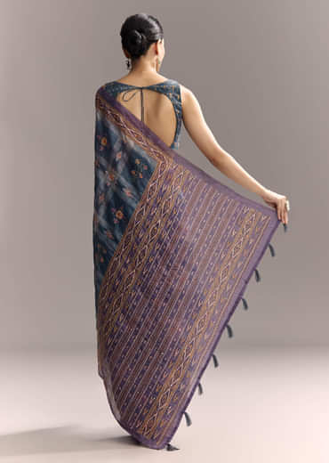 Blue Linen Saree With Hand Block Ajrakh Print And Lavender Border