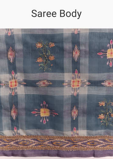 Blue Linen Saree With Hand Block Ajrakh Print And Lavender Border