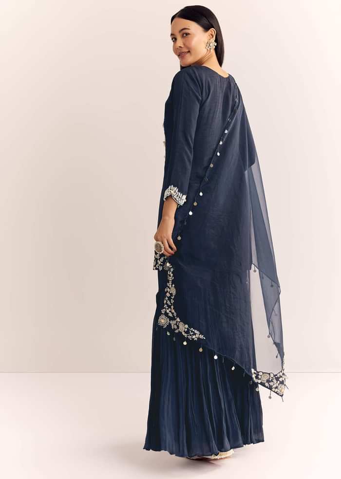 Blue Moti Threadwork Dola Silk Sharara Suit With Organza Dupatta