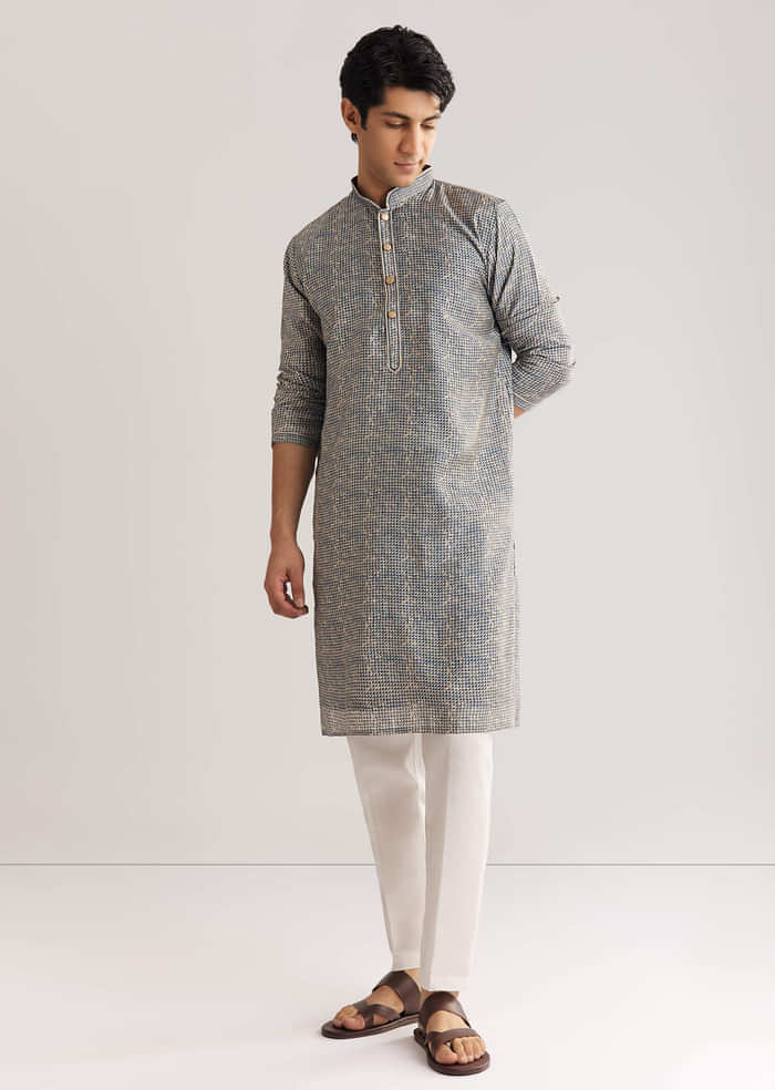 Blue Muslin Kurta Set With Mandarin Collar