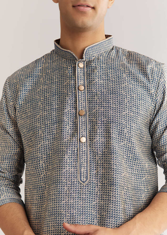Blue Muslin Kurta Set With Mandarin Collar