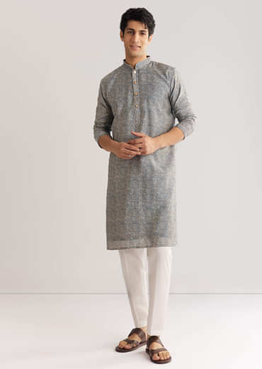 Blue Muslin Kurta Set With Mandarin Collar