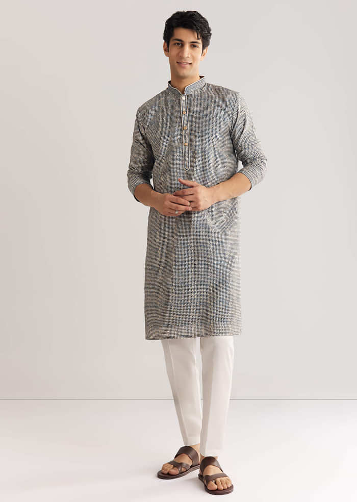 Blue Muslin Kurta Set With Mandarin Collar