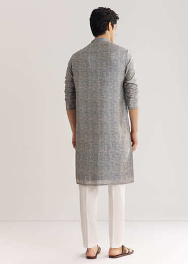 Blue Muslin Kurta Set With Mandarin Collar
