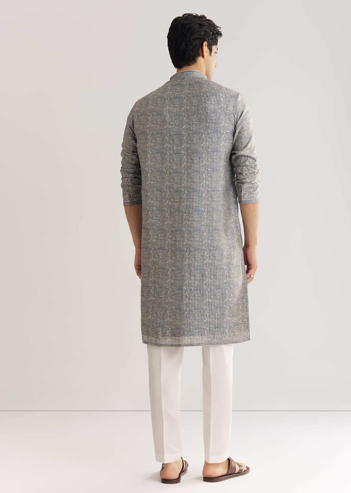 Blue Muslin Kurta Set With Mandarin Collar