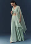Blue Organza Embroidered Crop Top Palazzo Set with Cape