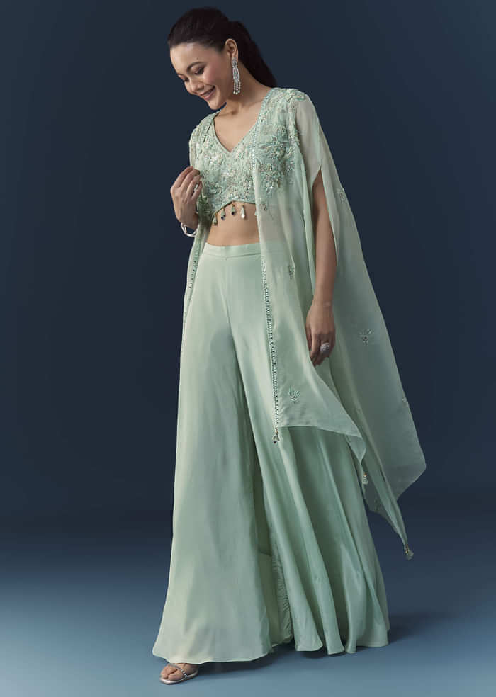 Blue Organza Embroidered Crop Top Palazzo Set with Cape